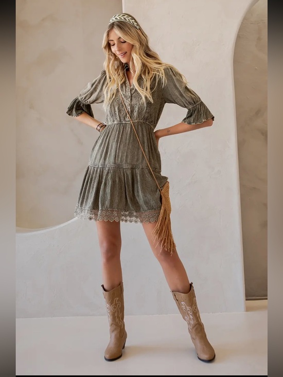 Young Threads Dresses & Skirts - YOUNG THREADS Vintage Romance-Stone Washed Babydoll V-Neck Dress